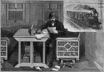 Comunicaciones telefónicas de trenes en marcha, sistema de Thomas Edison (1847-1931): un empleado equipado con aparato telefónico recibiendo un mensaje dentro de un vagón en movimiento. Grabado en "La Nature. Revue des sciences et de ses aplicaciones aux a