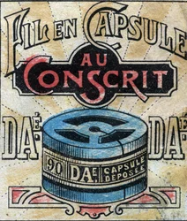 Textil, lino. Cápsula para usar hilos de coser Dae. Grabado. Imagen de Epinal de finales del siglo XIX