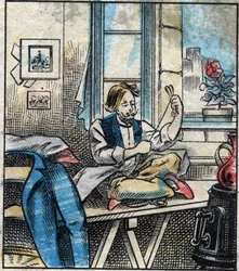 Textil, lino. Hilo de coser cortado en madejas. Grabado. Imágenes de Epinal de finales del siglo XIX.