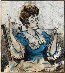 Textil, lino. Mujer usando una bola para usar hilos de coser. Grabado. Imagen de Épinal de finales del siglo XIX.