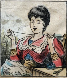 Textil, lino. Mujer usando cápsulas para usar hilos de coser. Grabado. Imagen de Épinal de finales del siglo XIX.