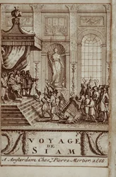 Embajadores tailandeses recibidos en París por Luis XIV, frontispicio de Journey to Siam por Guy Tachard, 1688