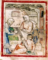 Tamar da a luz a dos gemelos, Perets y Zerah, hijos de Judá, Miniatura del códice 212 (o códice padovano o Biblia de Padua) 1390-1400
