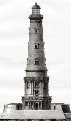 El faro de Cordouan del siglo XVII, cerca de la desembocadura del estuario de Gironda en Francia, visto aquí después de su extensión en el siglo XVIII, de Las Maravillas de la Ciencia, publicado c.1870 (grabado)