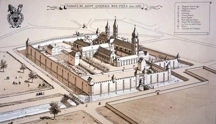 La abadía de Saint-Germain-des-Prés hacia 1520 (grabado en color)