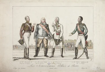 Los soberanos aliados en París, 1815, Alejandro I, emperador de Rusia, Luis XVIII, rey de Francia, Francisco I, emperador de Austria y Federico Guillermo III, rey de Prusia, publicado por Martinet, 1815