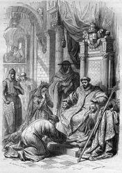 El arzobispo San Dunstan obligó al rey Edwy de Inglaterra (941-959) a divorciarse. Grabado en “La historia de la prostitución y la depravación entre todos los pueblos del mundo desde la antigüedad hasta el presente” por el Dr. Th. -F. Debray. 1879