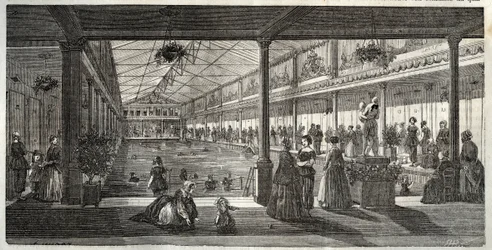 Los baños en el Hotel Lambert, Ile Saint-Louis, París, mediados del siglo XIX - Hotel Lambert, Ile Saint-Louis, escuela de natación para damas - Bain Lambert - Grabado en "Tableau-de-Paris" por Edmond Texier 1852