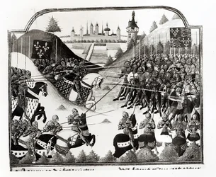 La batalla de Fromigny, 14 de abril de 1450, ms Fr 2691 fol. 183, de Chronique de Charles VII por Jean Chartier