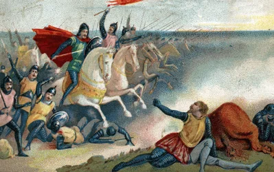 La Batalla de Hastings el 14/10/1066 entre los sajones de Harold II y el ejército normando (Guillermo I el Conquistador). Cromolitografía de finales del siglo XIX