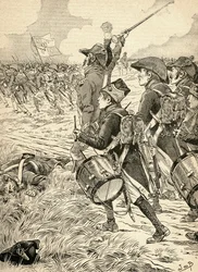 La batalla de Marengo, Italia, en 1800, librada entre las fuerzas francesas de Napoleón Bonaparte y los austriacos. De la Agenda Buvard du Bon Marche publicada en 1917.