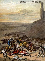 La Batalla de Montlhery (1227): Los reinos y la feudalidad - Blanca de Castilla, regente de su hijo Luis IX, aplasta la revuelta de los grandes feudales. Cromolitografía de la Serie “Patriotic Education through Image”.