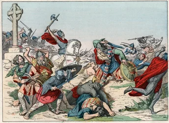 La Batalla de Poitiers el 25 de octubre de 732 ganada por Carlos Martel - La Batalla de Poitiers, 25 de octubre de 732, ganada por Carlos Martel (688-741) - Grabado de finales del siglo XIX en “Nos Gires Nationales - Imágenes y relatos”
