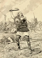 Batalla de Tolbiac en 496 entre francos y alemanes. De la Agenda Buvard du Bon Marche publicada en 1917.