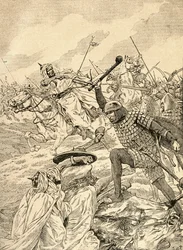 La batalla de Tours, también conocida como la batalla de Poitiers, 732. De la Agenda Buvard du Bon Marche publicada en 1917.