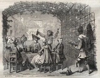 El bandido Louis Dominique Garthausen llamado Cartouche (1693-1721) durante una comida con sus compañeros - Bandido francés Louis Dominique Garthausen alias Cartouche (1693-1721) durante una comida con cómplices - Grabado en “Causes célèbres de tous les pe