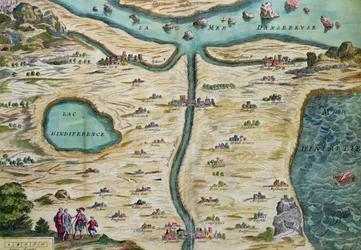 La Carte du Tendre, un mapa de un país imaginario, del volumen II de Clelie escrito por Mademoiselle de Scudery, grabado por Francois Chauveau (1613-76) 1656