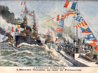 La Entente Cordial. Escuadrón naval inglés en el puerto de Portsmouth. Ala francesa en Portsmouth. Ilustración para Le Petit Journal