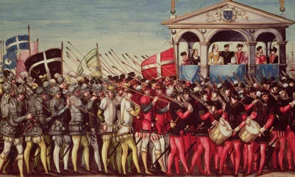 El cortejo de tambores y soldados en el Festival de Entrada Real de Enrique II en Rouen, 1 de octubre de 1550