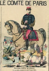 El Conde de París: Felipe de Orleans (1838-1894), fue considerado el heredero del trono de Francia por sus seguidores. Grabado, en "Le Figaro, suplemento", el 30/03/1889, París.