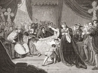 El Tribunal para el Juicio de la Reina Catalina por George Henry Harlow, representando a la Sra. Siddons como la Reina Catalina en Enrique VIII de Shakespeare. De Histoire des Peintres, École Anglaise, publicado en 1867 (litografía)