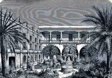 El patio del Museo de México, de Las ciudades antiguas del Nuevo Mundo, por Claude-Joseph-Desire Charnay, pub. 1887