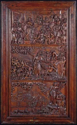 El Credo, Panel IV: La Remisión de los Pecados, Visión de los Huesos Secos de Ezequiel y Visión de Jerusalén de San Juan, 1587 (madera)
