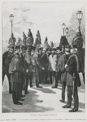 La delegación de los sindicatos en el Puente de la Concordia durante la manifestación del 1 de mayo en París, 1 de mayo de 1890, grabado por L. Moulignie