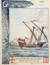 La Partida de San Luis en su barco el Montjoie desde Aigues-Mortes el 25 de agosto de 1248, ilustración de portada de un cuaderno escolar, c.1900