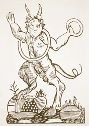 El Diablo señalando tesoros ocultos, copia de una ilustración de Le Veritable Dragon Rouge, Lille 1521, usado en una Historia de la Magia, publicado a finales del siglo XIX