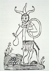 El Diablo señalando tesoros ocultos, copia de una ilustración de Le Veritable Dragon Rouge, 2ª versión, Lille 1521, usado en una Historia de la Magia, publicado a finales del siglo XIX