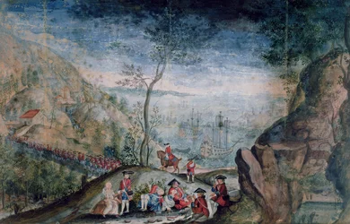 El desembarco de 50 soldados del regimiento suizo Karrer en Louisbourg en la Isla de Cap-Breton entre 1722-33