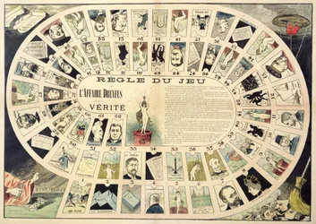 El juego del caso Dreyfus, con retratos de los diversos individuos involucrados, finales del siglo XIX