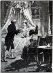 La Duquesa de Berry (Marie Caroline, Princesa de las Dos Sicilias, Duquesa de Berry (1798-1870) en la Fortaleza de Blay recibe al Doctor Louis Charles Deneux (1767-1846) - Grabado -