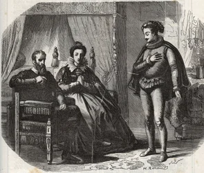 La duquesa de Cléveris, María von Julich duquesa de Juliers y Berg (1491-1543), se entera de la disolución del matrimonio entre su hija, Ana de Cléveris (1515-1557), y el rey de Inglaterra Enrique VIII (1491-1547) en 1540. Grabado de 1871 en “Histoire Des 