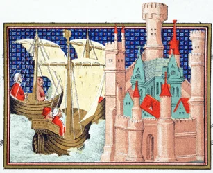 El Duque de Salisbury llegando al Castillo de Conway desde Irlanda, copia facsímil de Le Prinse et Mort du Roy Richart por Jean Creton, reimpreso en el siglo XIX