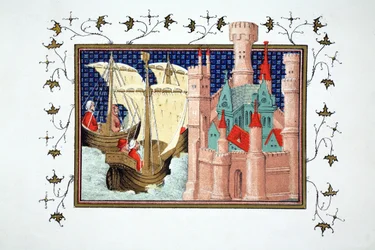 El Duque de Salisbury llegando al Castillo de Conway desde Irlanda, copia facsímil de Le Prinse et Mort du Roy Richart por Jean Creton, reimpreso en el siglo XIX