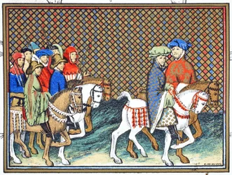 Los Duques de Exeter y Surrey enviados por Ricardo II desde el Castillo de Conway a Chester para tratar con el Duque de Lancaster, copia facsímil de Le Prinse et Mort du Roy Richart por Jean Creton, reimpreso en el siglo XIX