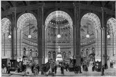 La Exposición de Electricidad en Viena (Austria), una vista general de la gran rotonda iluminada por luz eléctrica. Grabado en “La Nature. Revue des sciences et de ses applications aux arts et à l