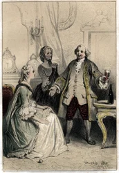 El comediante inglés David Garrick (1717-1779), disfrazado de cochero, irrumpe en una duquesa ansiosa por él para intentar razonar con ella y convencerla de la absurdidad de su amor por él. Placa tomada de "Escenas de la vida de hombres famosos" grabado en