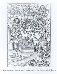 La Hada Melusina, de cuyos flancos surge el árbol genealógico de reyes y emperadores, ilustración de Ciencia y Literatura en la Edad Media y Renacimiento, escrita y grabada por Paul Lacroix