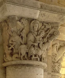 La huida a Egipto, relieve del capitel de la columna de la iglesia de la abadía benedictina, siglo XIII
