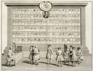 Los masones, con signos para las distintas logias, de Las ceremonias de la religión y la costumbre, hacia 1733