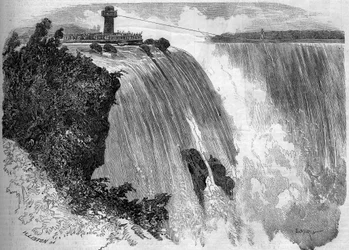 El acróbata francés Blondin (Jean Francois Gravelet, dit) (1824-1897) cruzando las Cataratas del Niágara. De un boceto de Mr. Philibert. Grabado en “Le Monde Illustré” n°127 del 17 de septiembre de 1859.