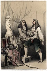 El escultor francés Pierre Puget (1620-1694) aprehendido a romper su Venus tras la propuesta mediocre de su patrocinador. Placa tomada de Escenas de la vida de hombres famosos, grabado en dos colores por Valerio. 1843