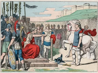 El jefe galo Vercingetorix (80-46 a.C.) yendo a Julio César (100-44 a.C.) en Alesia en 52 a.C. - Vercingetorix (72-46 a.C.) líder galo, rindiéndose a César en Alesia (Francia) - Grabado de finales del siglo XIX en “Nos Gires Nationales - Imágenes y relatos