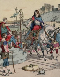 El jefe galo Vercingétorix (72-46 a. C.) se rinde ante el jefe romano Julio César (100-44 a. C.) después de la batalla de Alesia en 52 a. C.