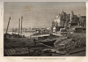 El Ghat de Benarés (actual Vanarasi) (ghat designa los escalones que cubren las orillas de los ríos y las orillas de los estanques y reservorios que permiten descender en contacto con el agua), grabado según el dibujo de G. Moynet, ilustrando el viaje t