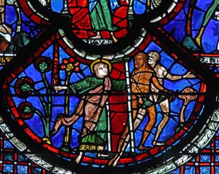 La ventana del Buen Samaritano: Adán y Eva expulsados del Paraíso por un ángel con una espada