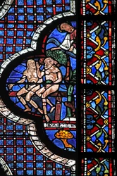 La ventana del Buen Samaritano: Dios llama a Adán y Eva (con hojas de higuera)